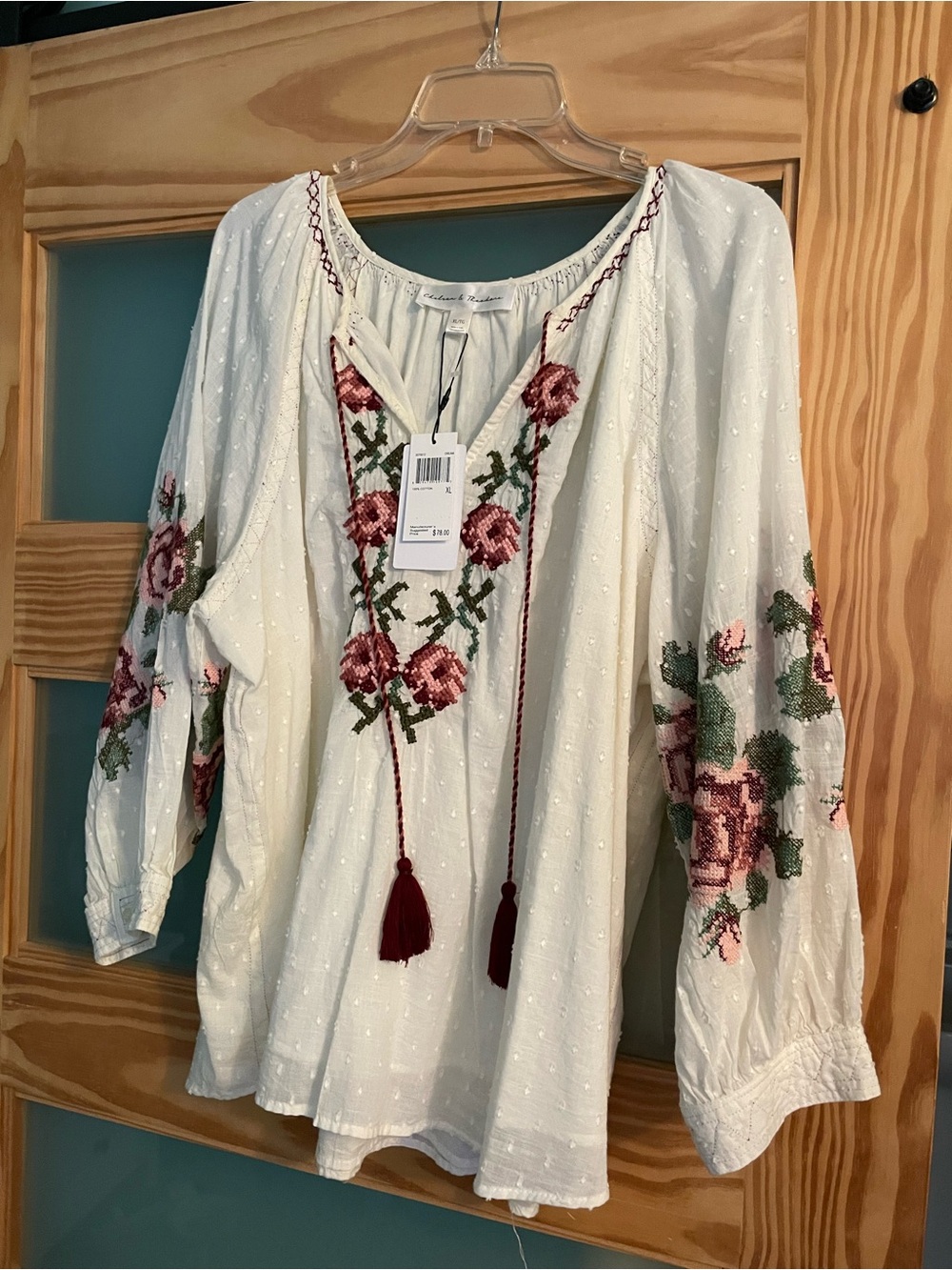 Chelsea & Theodore White Boho Embroidered Peasant Tunic with Pink Rose Motif